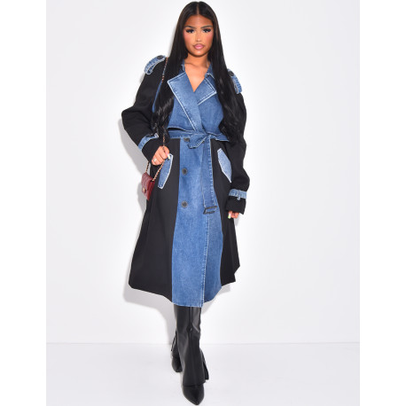 Trench oversize à empiècements en jeans