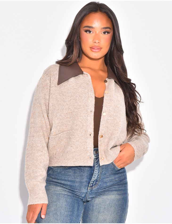 Gilet en laine à poches et col en similicuir contrastant