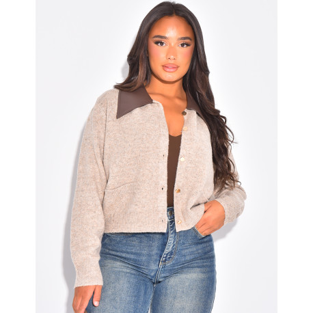 Gilet en laine à poches et col en similicuir contrastant