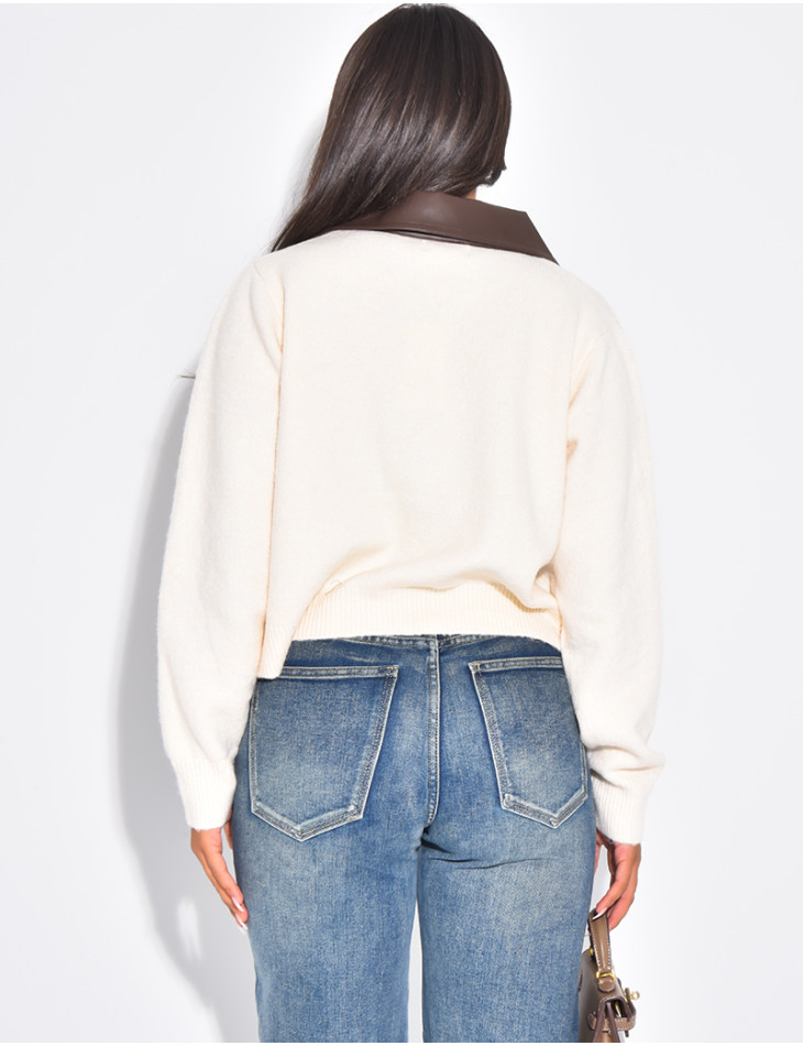 Wollweste mit Taschen und kontrastierendem Kunstlederkragen