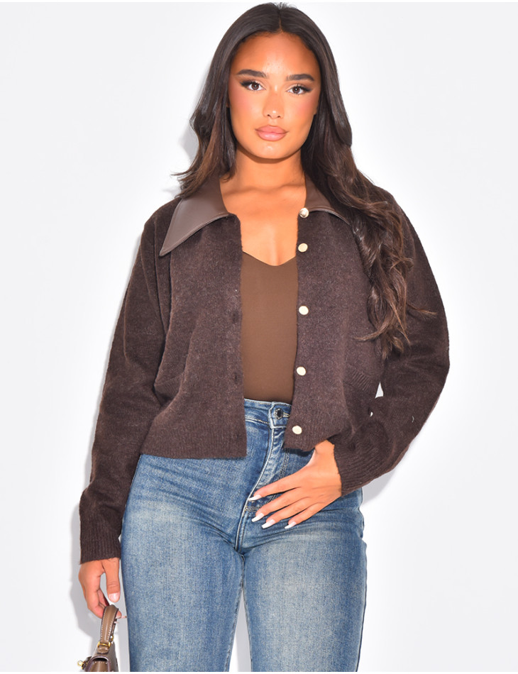 Gilet en laine à poches et col en similicuir contrastant