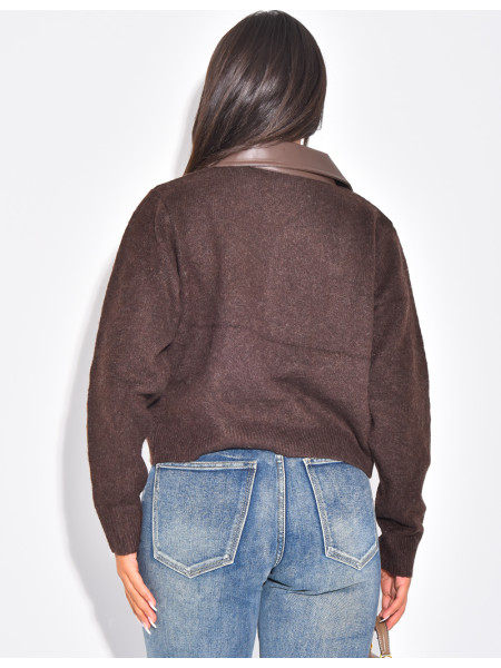 Wool cardigan with pockets and contrasting faux leather collar