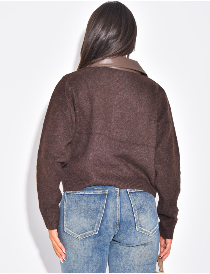 Wool cardigan with pockets and contrasting faux leather collar