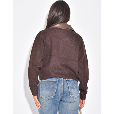 Wool cardigan with pockets and contrasting faux leather collar