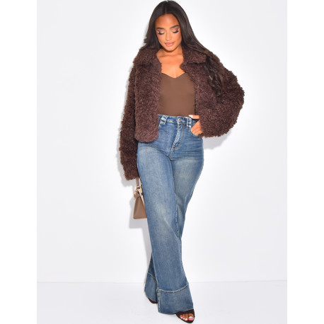 Short jacket in white curly sheepskin-effect fur