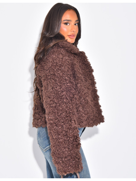 Short jacket in white curly sheepskin-effect fur
