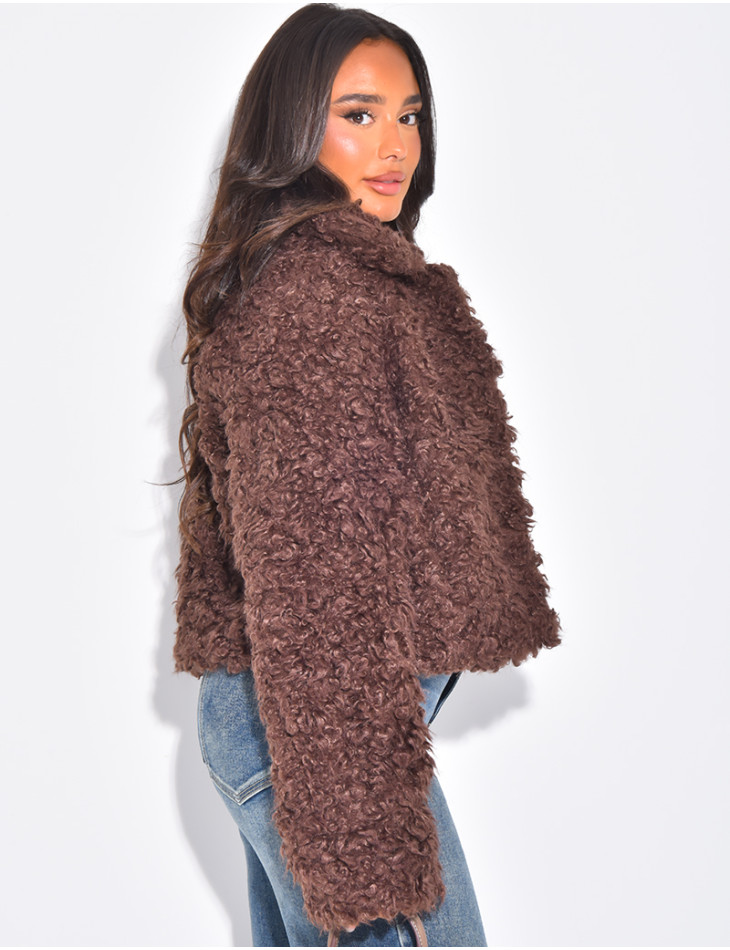 Short jacket in white curly sheepskin-effect fur