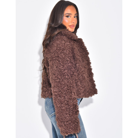 Short jacket in white curly sheepskin-effect fur