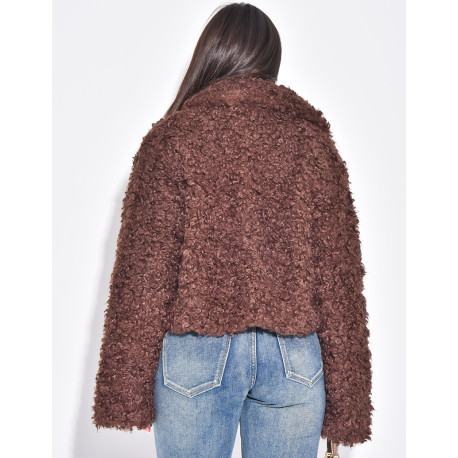 Short jacket in white curly sheepskin-effect fur