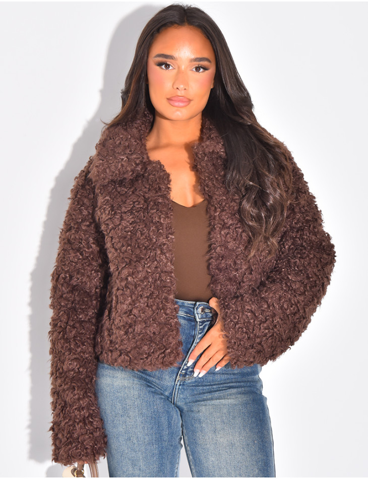 Short jacket in white curly sheepskin-effect fur
