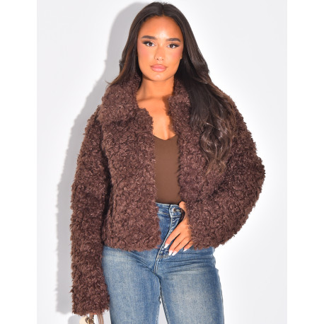 Short jacket in white curly sheepskin-effect fur
