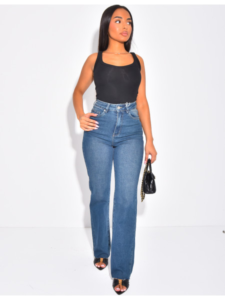 Straight-leg stretch blue faded jeans