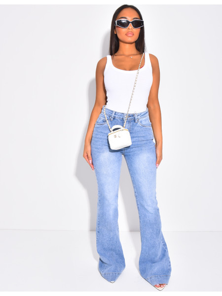 High-waisted faded blue flare jeans