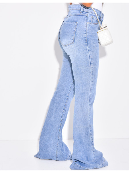 High-waisted faded blue flare jeans