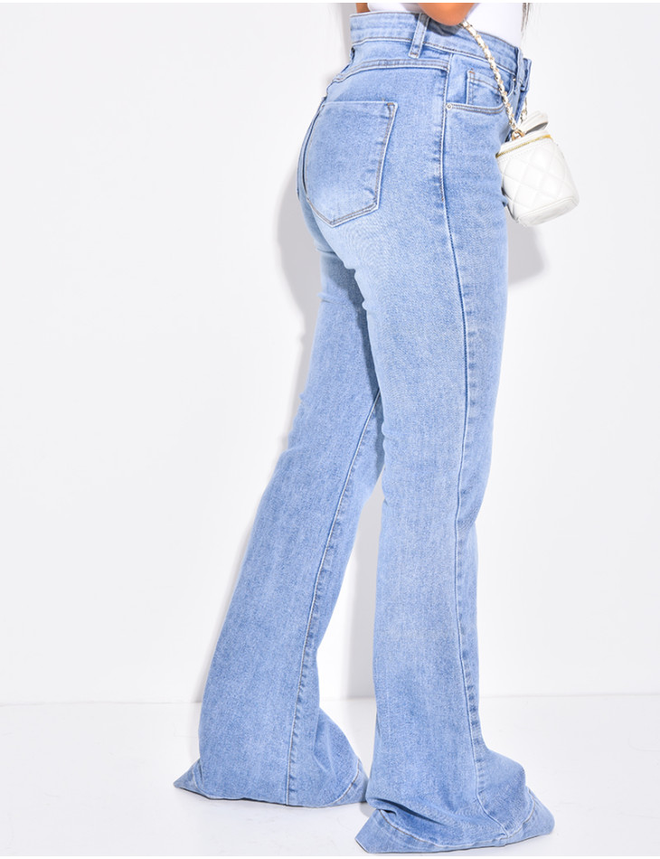 High-waisted faded blue flare jeans