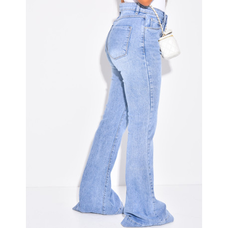 High-waisted faded blue flare jeans