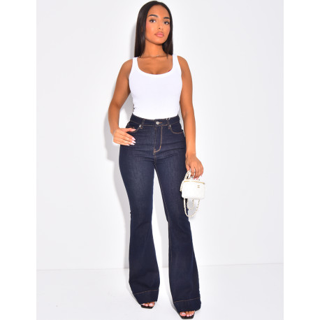 High-waisted raw blue flare jeans