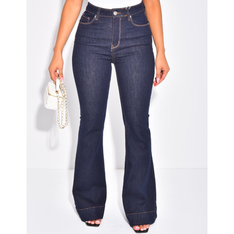 High-waisted raw blue flare jeans