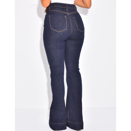 High-waisted raw blue flare jeans