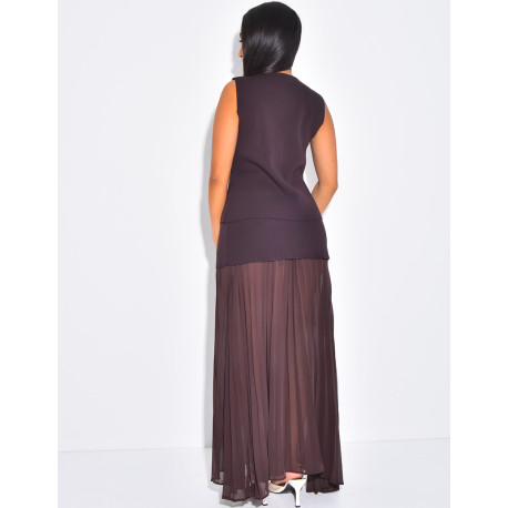 Sleeveless fitted waistcoat with gold buttons and long skirt