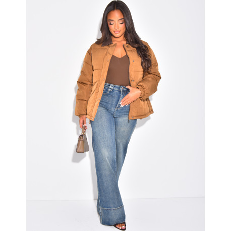 Doudoune matelassée à col en cuir contrastant