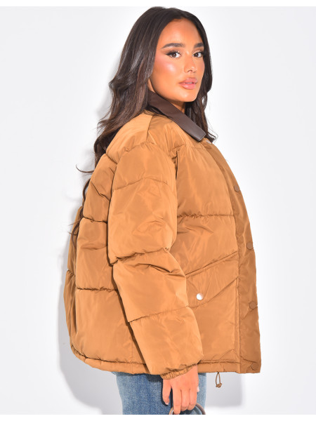 Doudoune matelassée à col en cuir contrastant