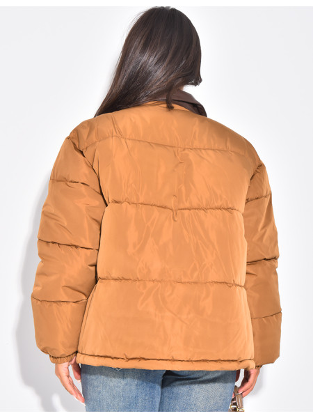 Doudoune matelassée à col en cuir contrastant