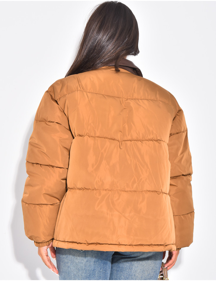 Doudoune matelassée à col en cuir contrastant