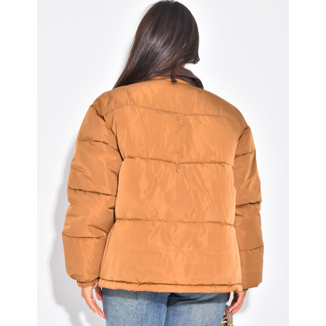 Doudoune matelassée à col en cuir contrastant