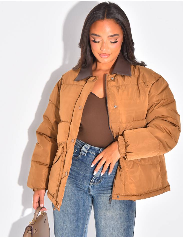 Doudoune matelassée à col en cuir contrastant