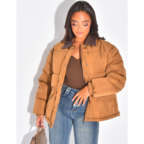 Doudoune matelassée à col en cuir contrastant