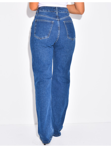 Straight-leg stretch jeans with crossover button fastening