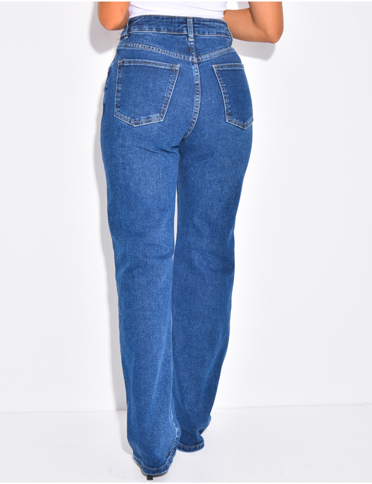Straight-leg stretch jeans with crossover button fastening