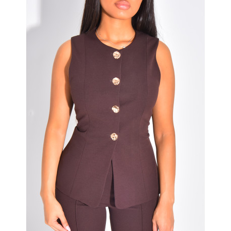 Ensemble top sans manche à boutons dorés & pantalon flare