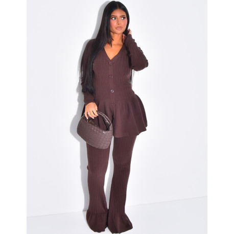 Long-sleeved flared jumper and wool trousers set