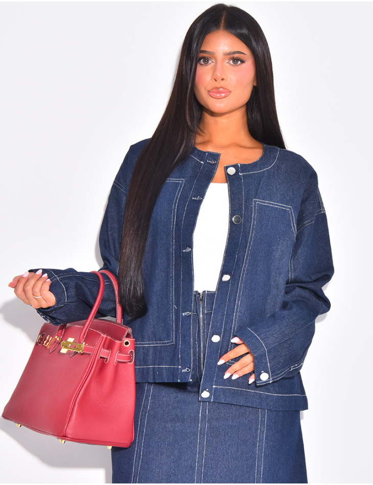 Straight-cut denim jacket with white topstitching