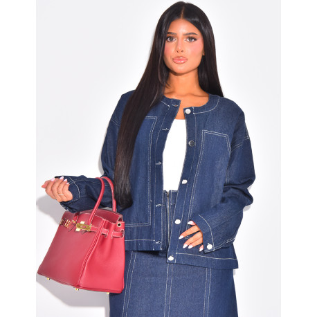 Straight-cut denim jacket with white topstitching