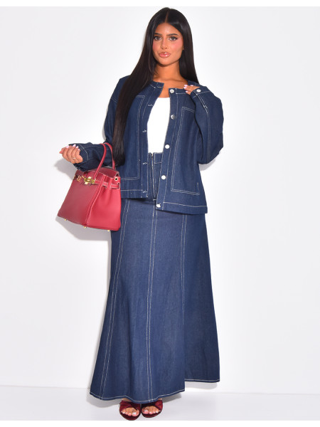 Straight-cut denim jacket with white topstitching