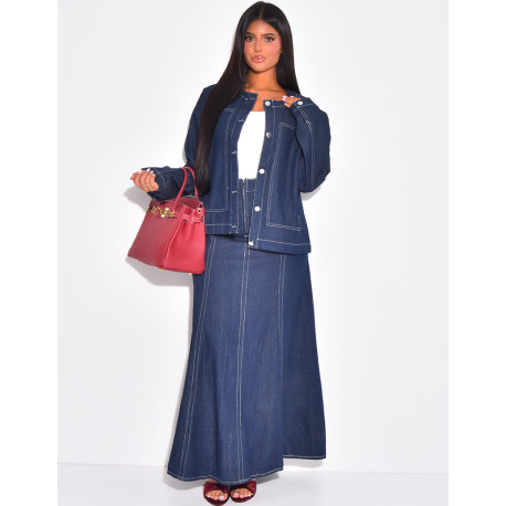 Straight-cut denim jacket with white topstitching