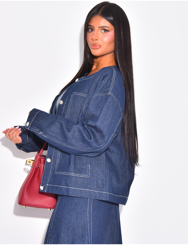 Straight-cut denim jacket with white topstitching