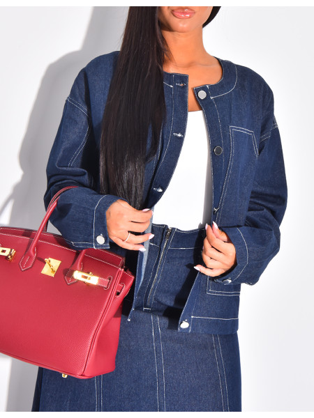 Straight-cut denim jacket with white topstitching