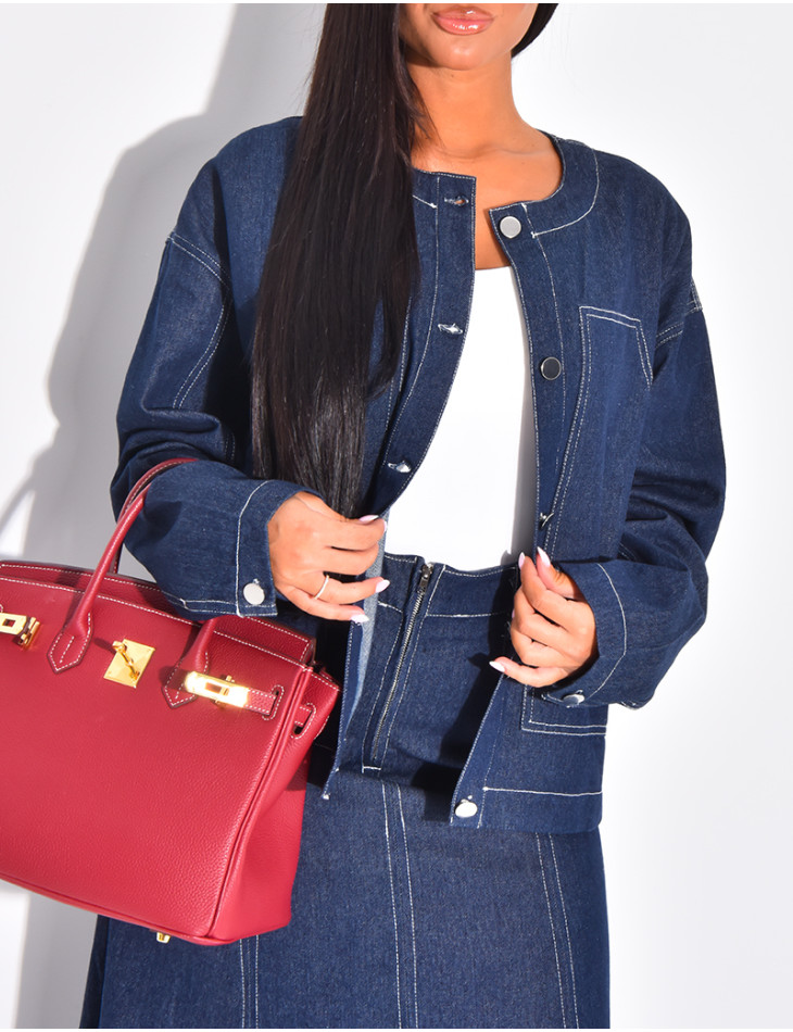 Straight-cut denim jacket with white topstitching