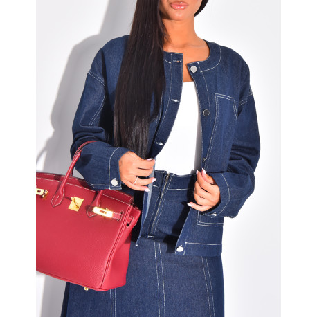 Straight-cut denim jacket with white topstitching
