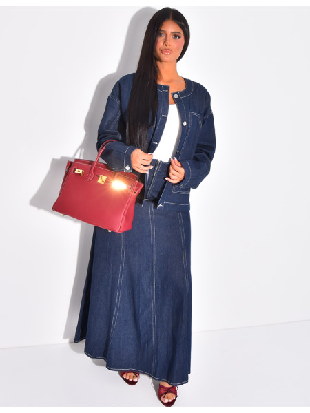 Straight-cut denim jacket with white topstitching