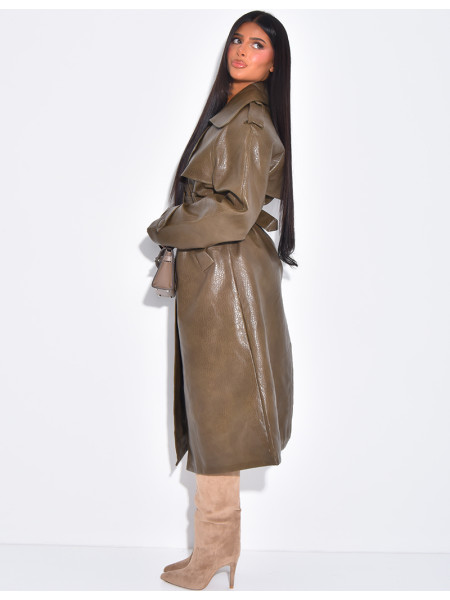 Grained faux leather trench coat with belted waist