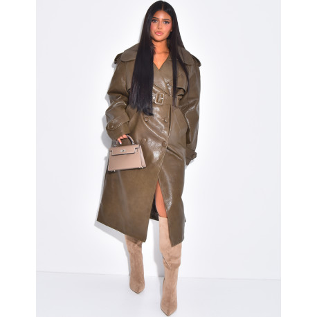 Grained faux leather trench coat with belted waist