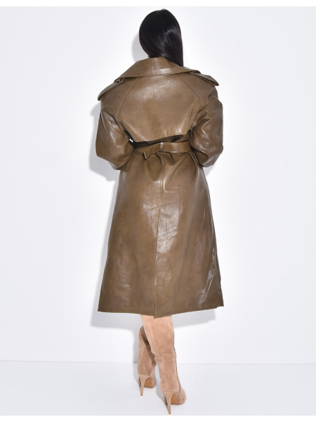 Grained faux leather trench coat with belted waist