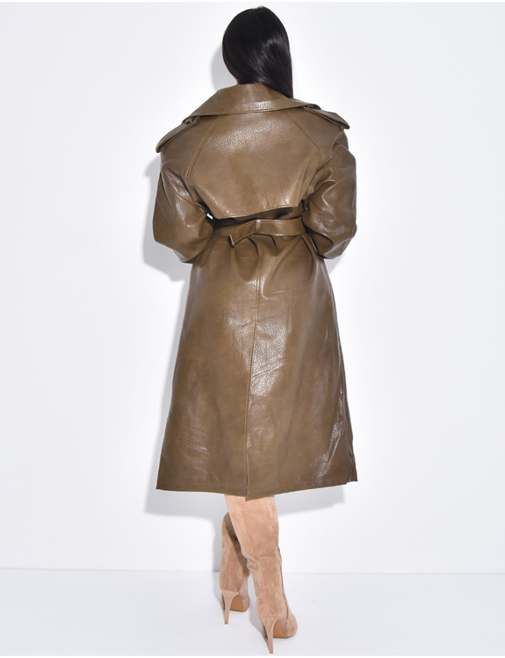Grained faux leather trench coat with belted waist