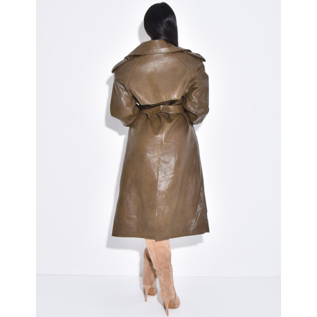 Grained faux leather trench coat with belted waist