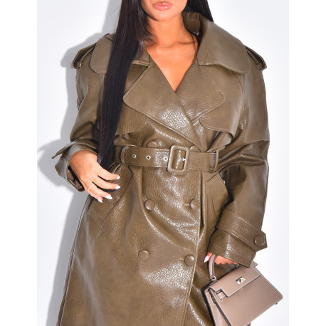 Grained faux leather trench coat with belted waist